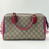 GG Supreme Monogram Moon Calfskin Small Boston Beige Ebony Hibiscus Red New Rosette