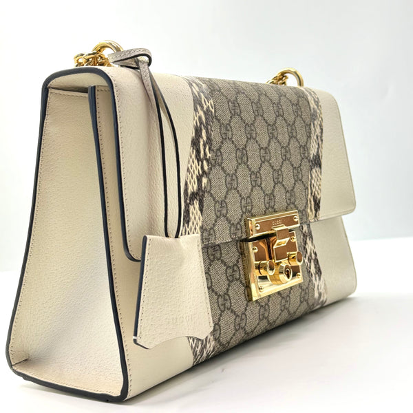 Medium Padlock Gg Supreme Wave Shoulder Bag With Genuine Snakeskin Trim - White