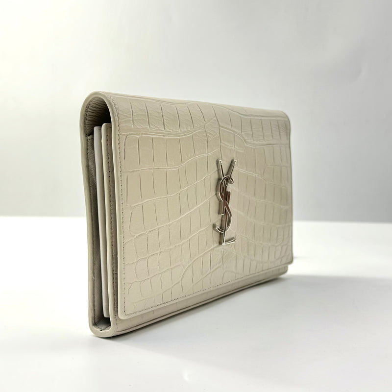 Calfskin Crocodile Embossed Monogram Chain Wallet Blanc Vintage