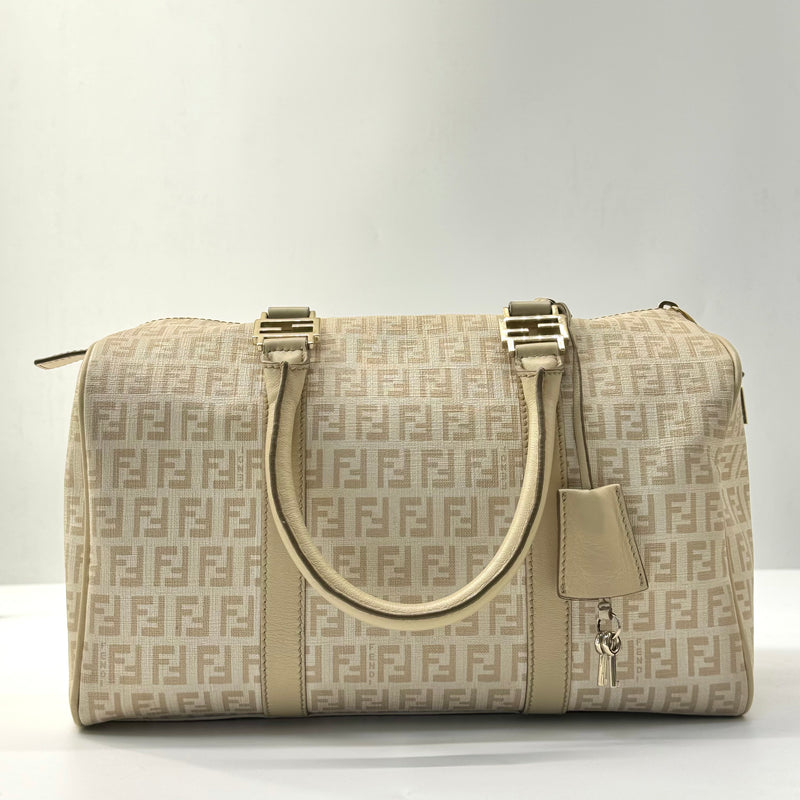 Fendi Beige Zucchino Coated Canvas Forever Bauletto Boston Bag