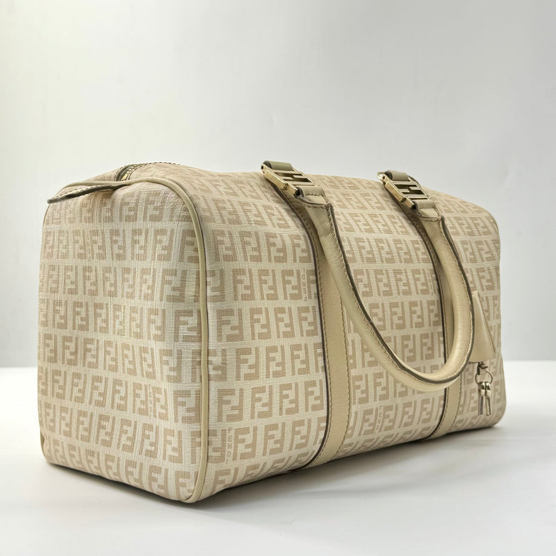 Fendi Beige Zucchino Coated Canvas Forever Bauletto Boston Bag