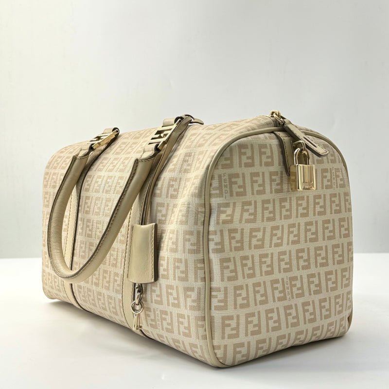 Fendi Beige Zucchino Coated Canvas Forever Bauletto Boston Bag