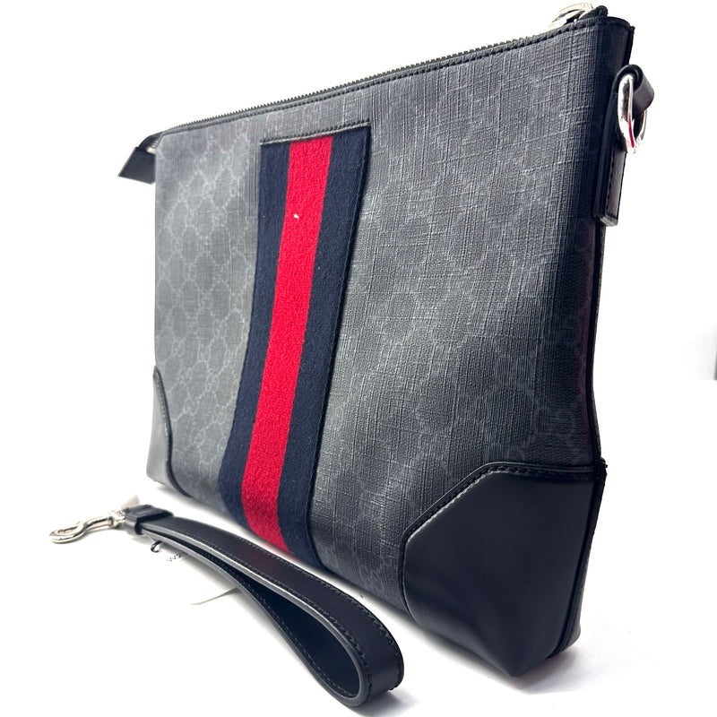 Soft GG Supreme Monogram Appia Calfskin Web East West Messenger Bag Black Grey