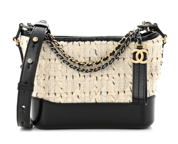 CHANEL Tweed Calfskin Quilted Small Gabrielle Hobo Ivory Black