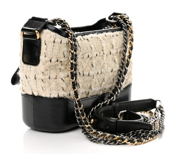 CHANEL Tweed Calfskin Quilted Small Gabrielle Hobo Ivory Black