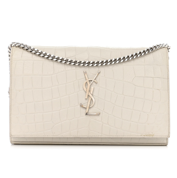 Calfskin Crocodile Embossed Monogram Chain Wallet Blanc Vintage