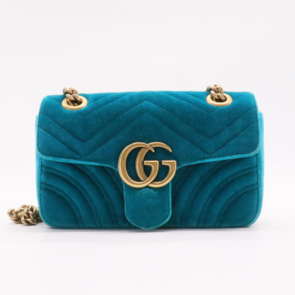 Velvet Matelasse Small GG Marmont Shoulder Bag Pavone Cyan