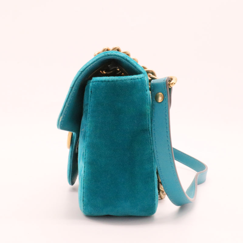 Velvet Matelasse Small GG Marmont Shoulder Bag Pavone Cyan