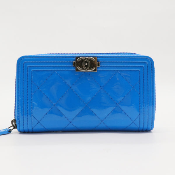 Patent Quilted Boy Zip Around Wallet Blue