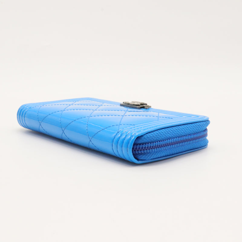 Patent Quilted Boy Zip Around Wallet Blue