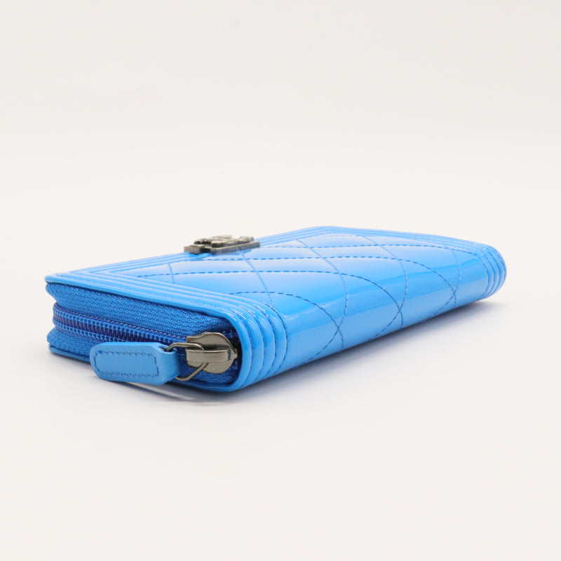 Patent Quilted Boy Zip Around Wallet Blue