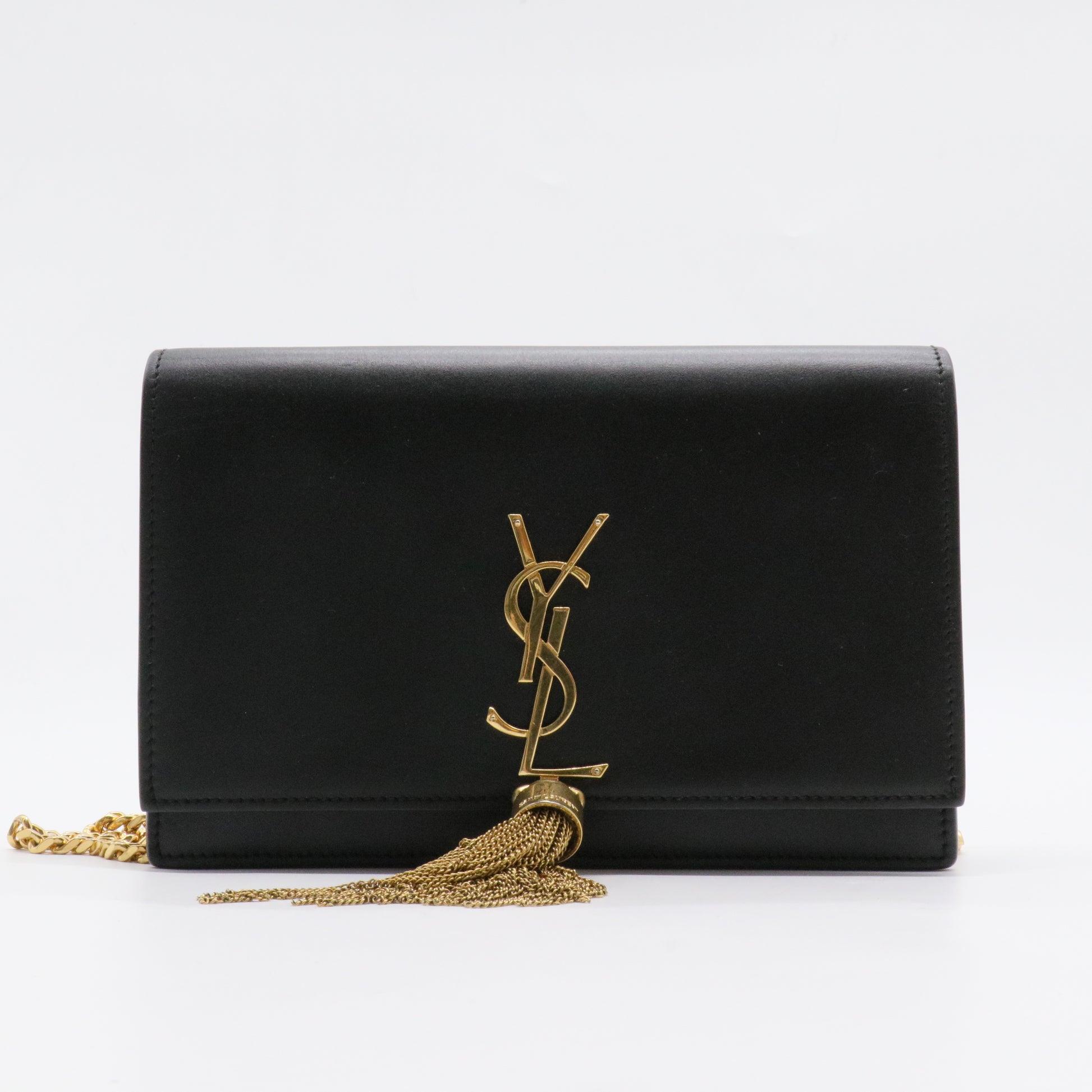 Calfskin Small Classic Monogram Kate Tassel Satchel Black