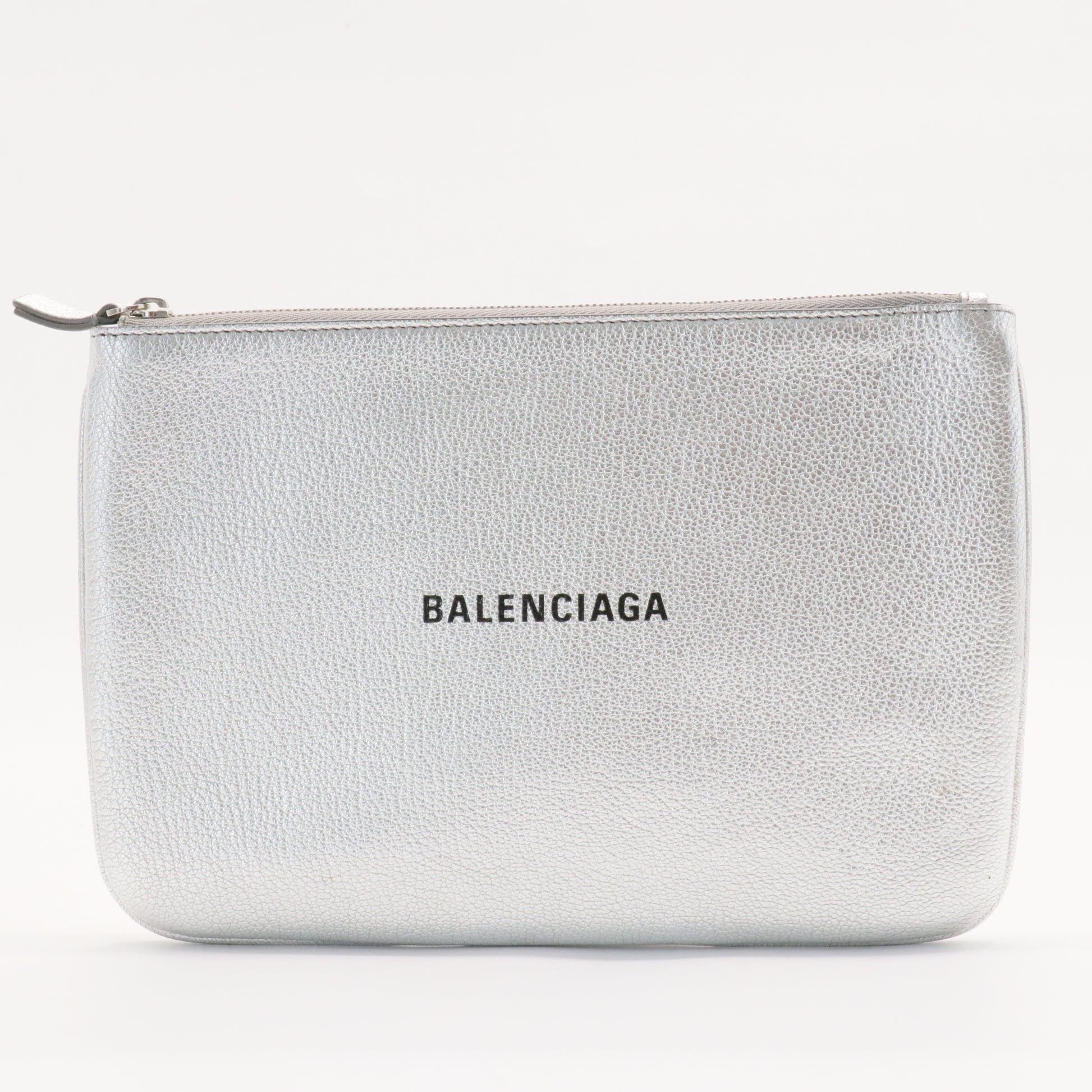 Metallic Goatskin Logo Large Everyday Zip Pouch Argent Black