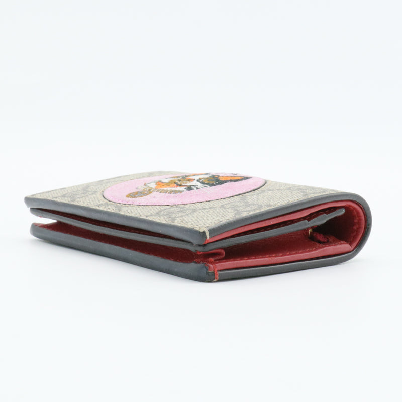 GG Supreme Monogram Bosco Patch Card Case Wallet Beige Malva Hibiscus Red