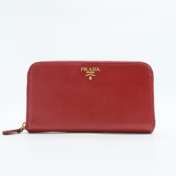 Red Saffiano Leather Zip Around Wallet