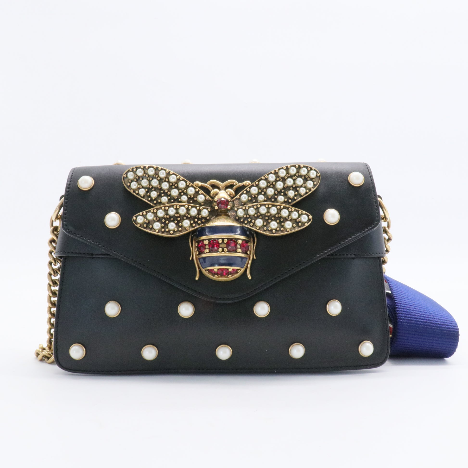 Pre-owned GUCCI Leather Shoulder Bags Broadway Pearly Bee Shoulder Bag Embellished Leather Black