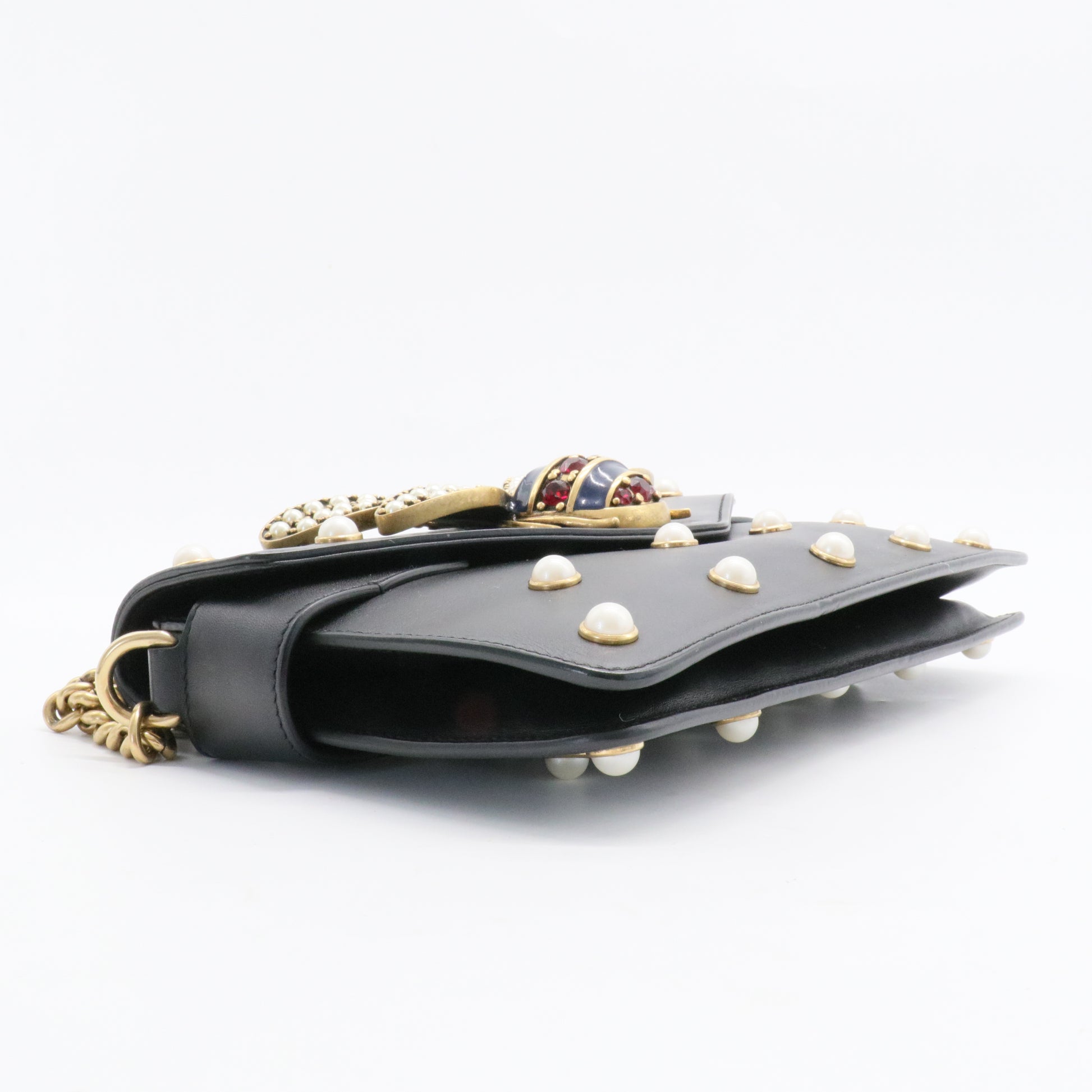 Pre-owned GUCCI Leather Shoulder Bags Broadway Pearly Bee Shoulder Bag Embellished Leather Black