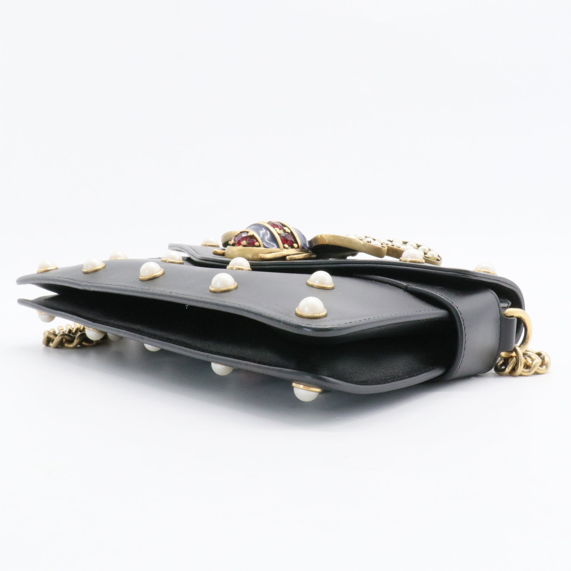 Pre-owned GUCCI Leather Shoulder Bags Broadway Pearly Bee Shoulder Bag Embellished Leather Black