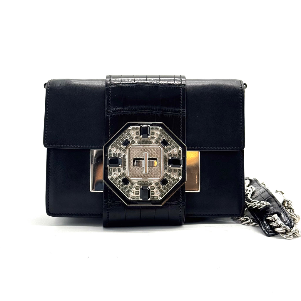 Crystal Ribbon Shoulder Bag City Calf and Crocodile Embossed Leather Small