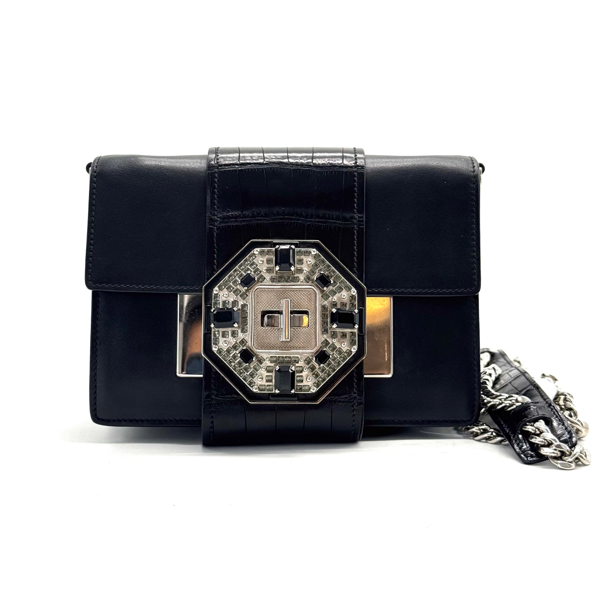 Crystal Ribbon Shoulder Bag City Calf and Crocodile Embossed Leather Small