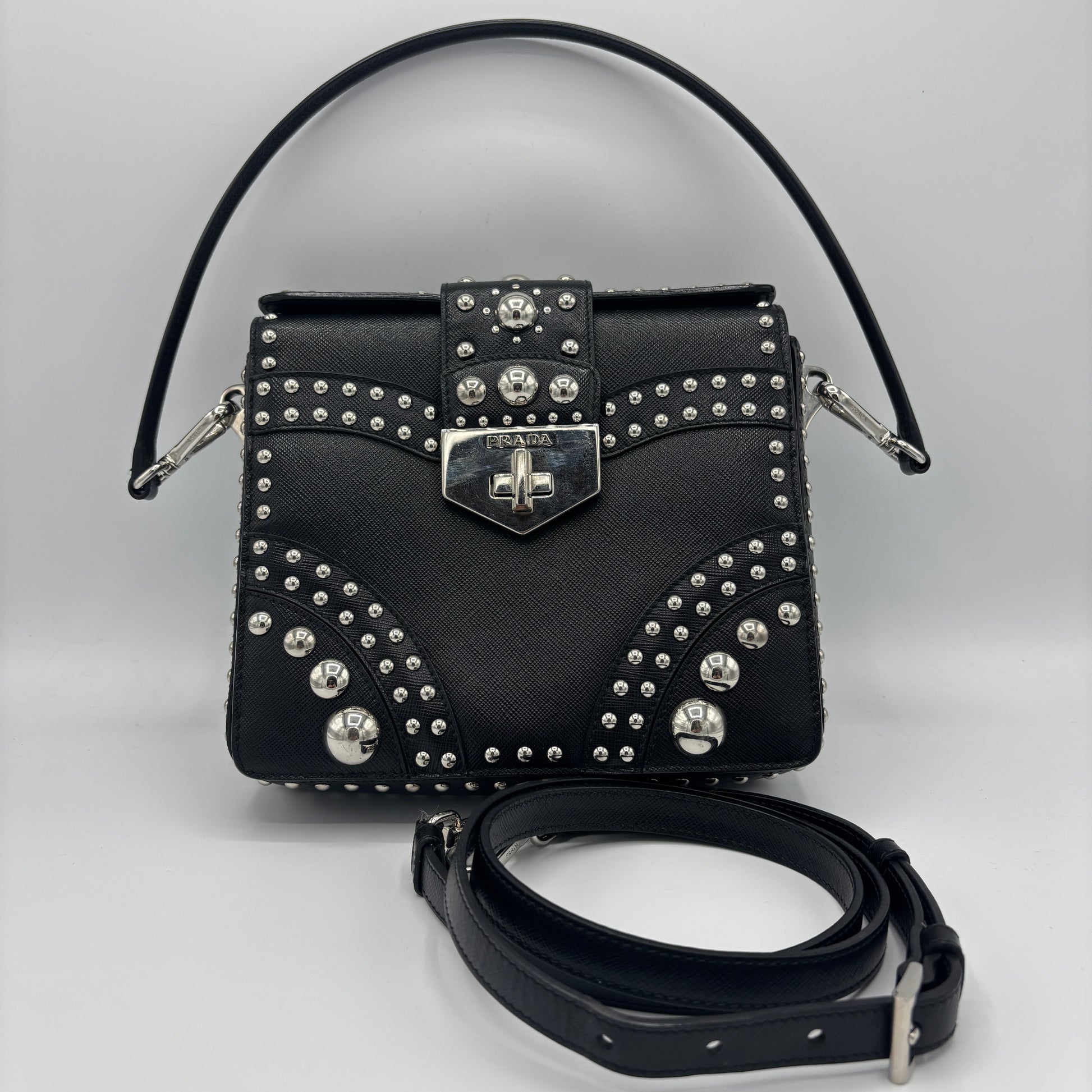 Turn Lock Shoulder Bag Studded Saffiano Leather Small