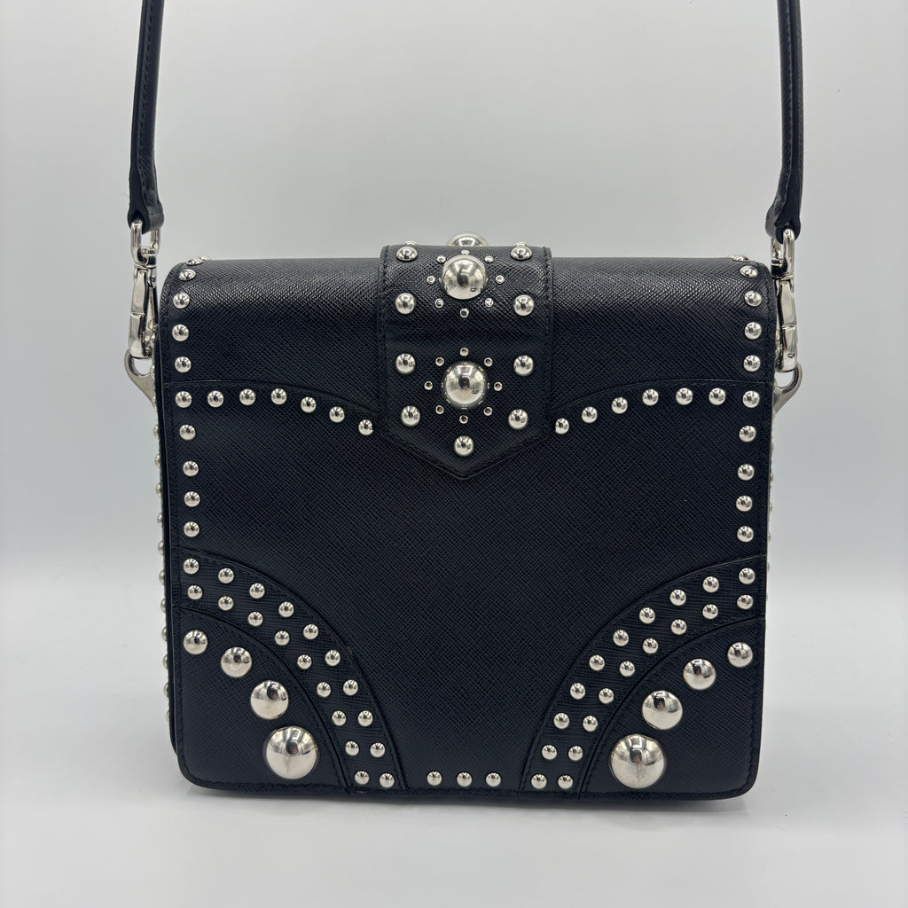 Turn Lock Shoulder Bag Studded Saffiano Leather Small
