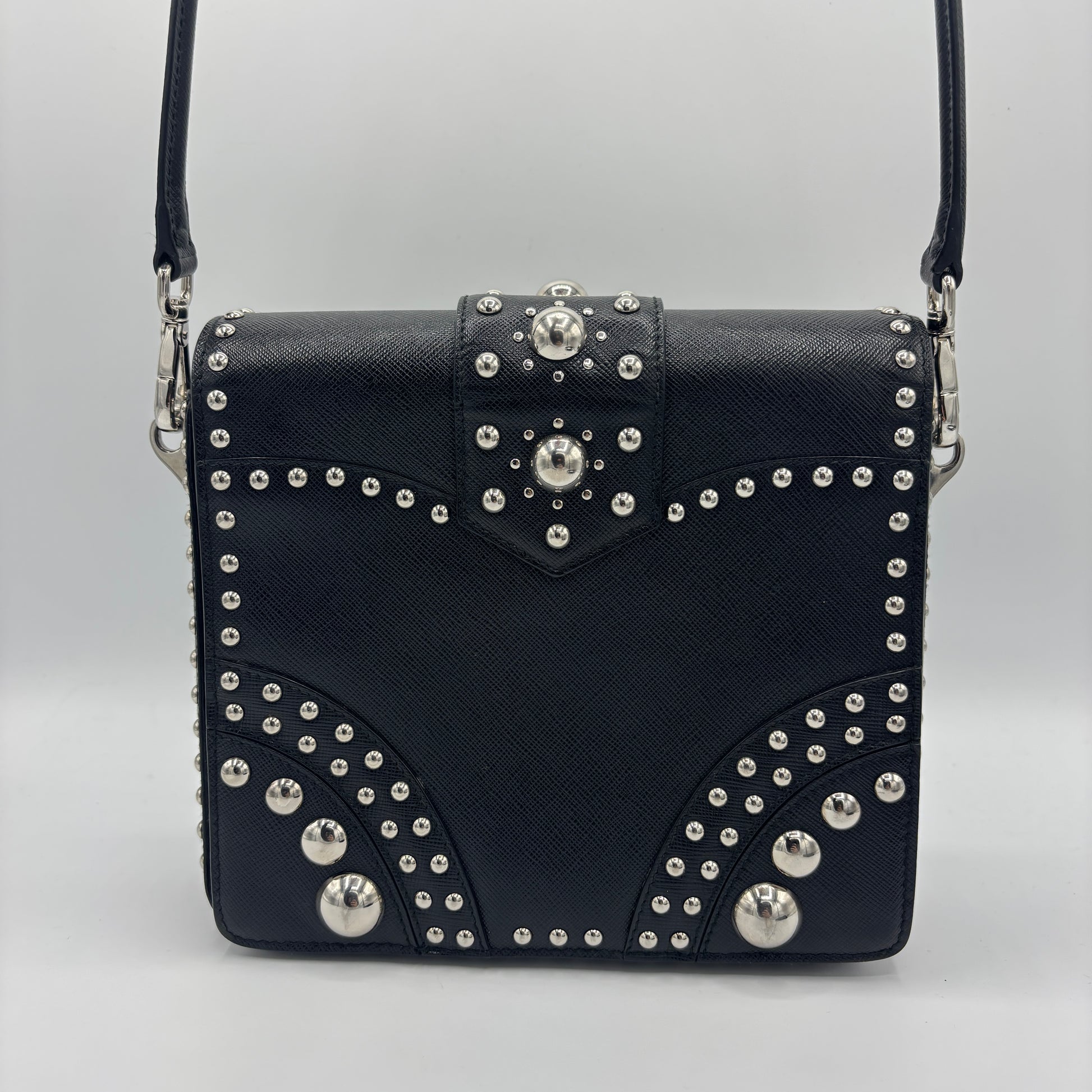 Turn Lock Shoulder Bag Studded Saffiano Leather Small