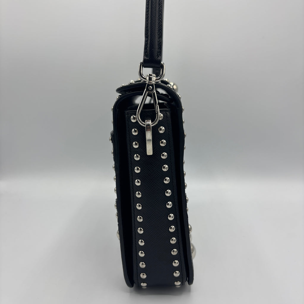 Turn Lock Shoulder Bag Studded Saffiano Leather Small