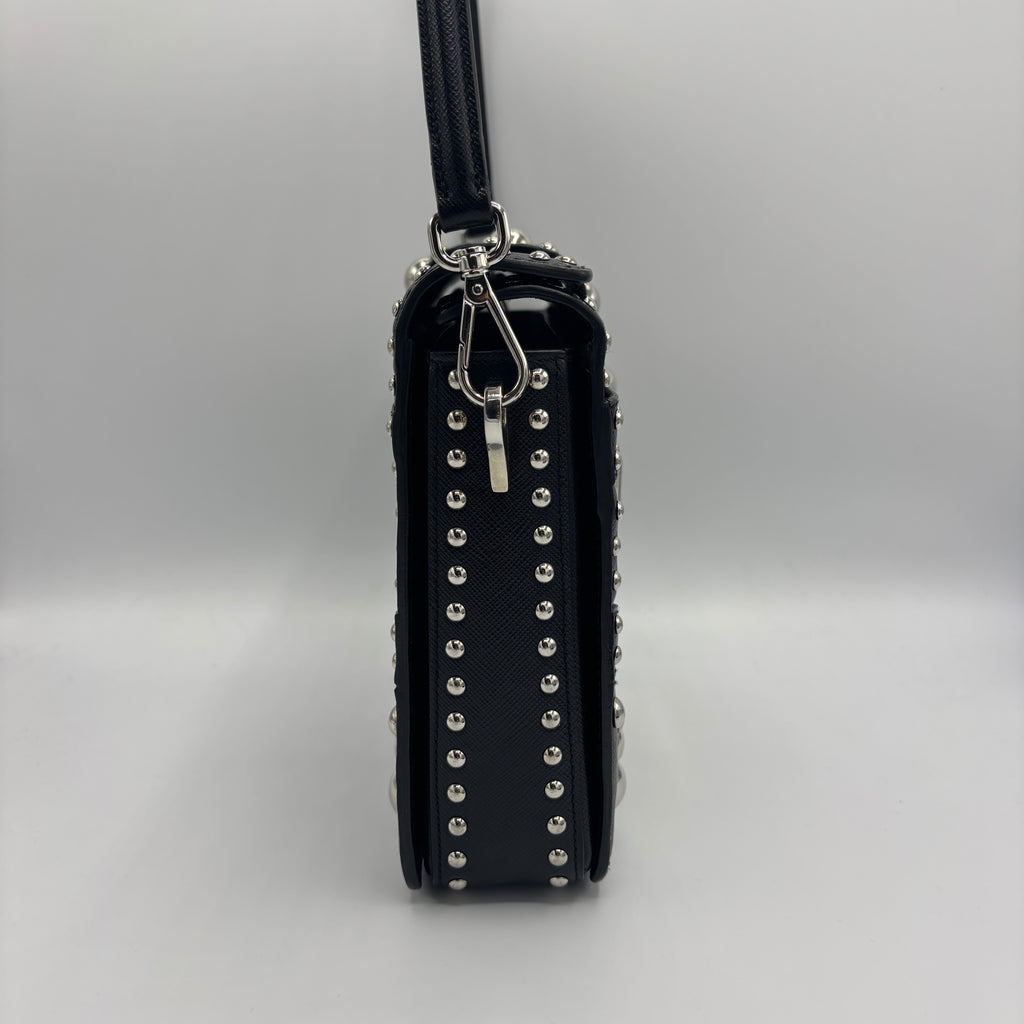Turn Lock Shoulder Bag Studded Saffiano Leather Small