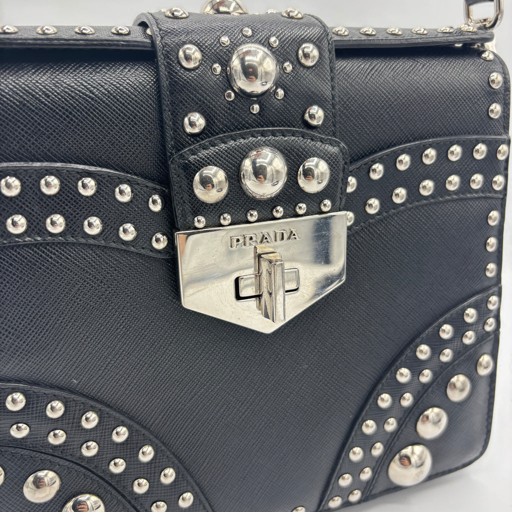 Turn Lock Shoulder Bag Studded Saffiano Leather Small