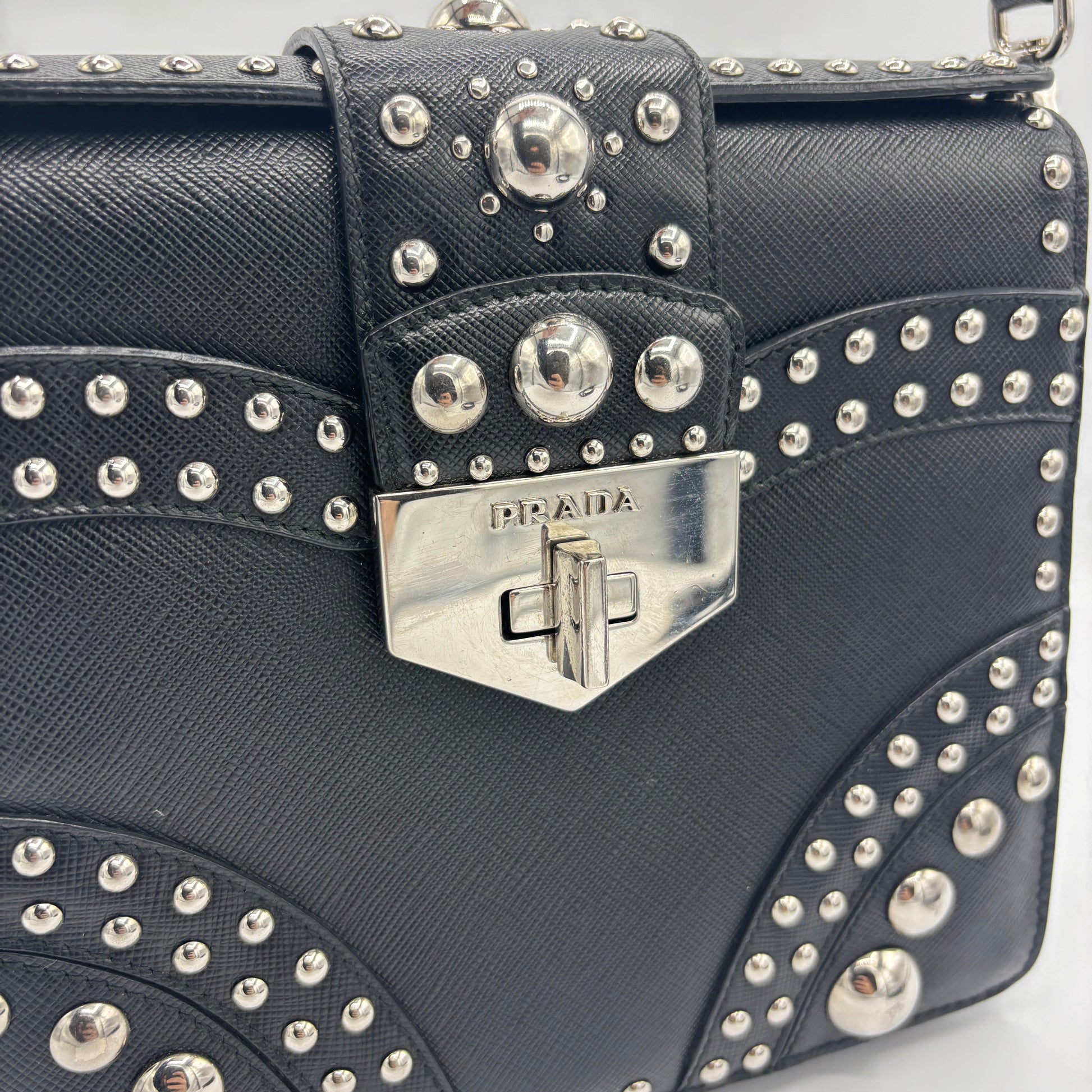 Turn Lock Shoulder Bag Studded Saffiano Leather Small