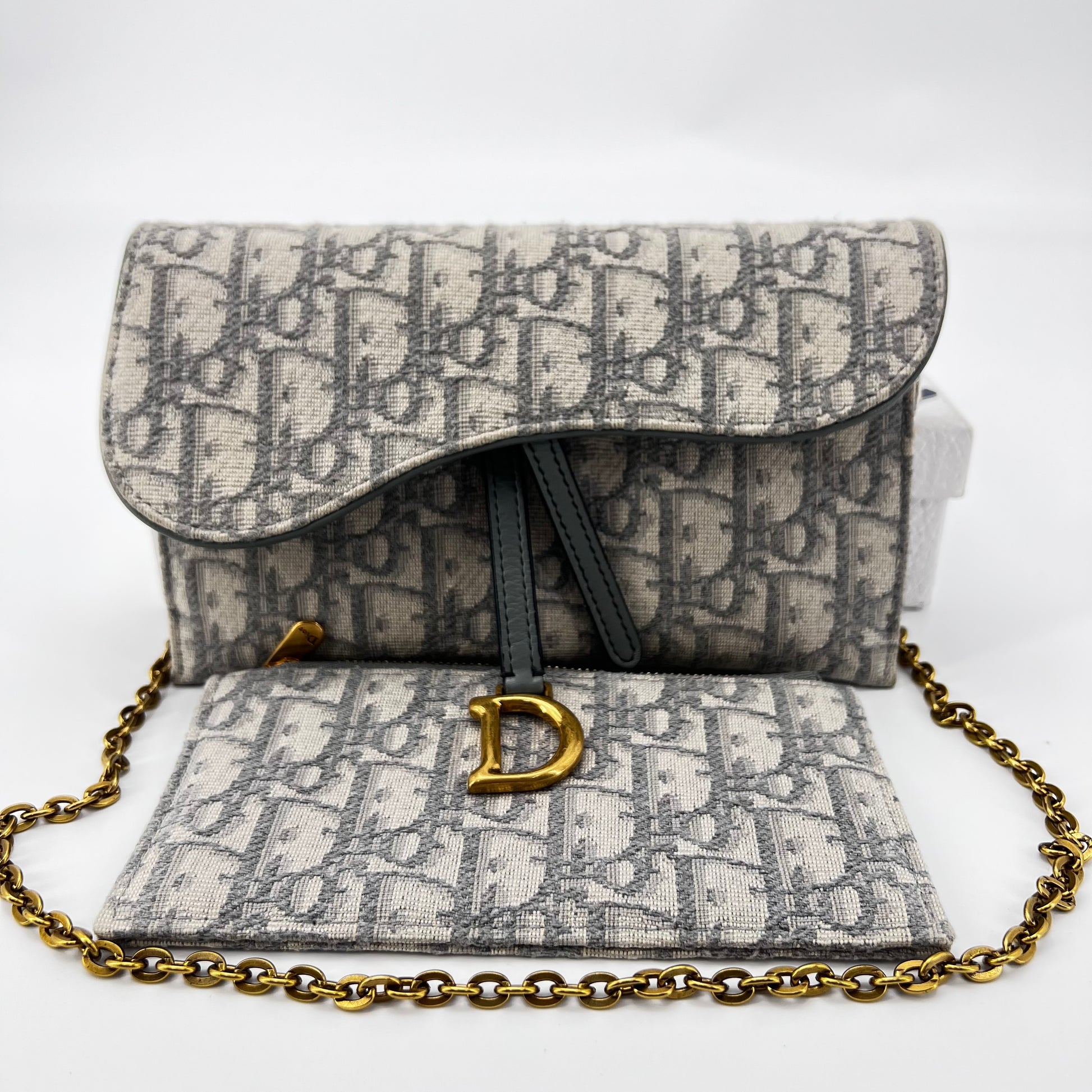 Oblique Saddle Chain Long Wallet Grey with Pouch twins