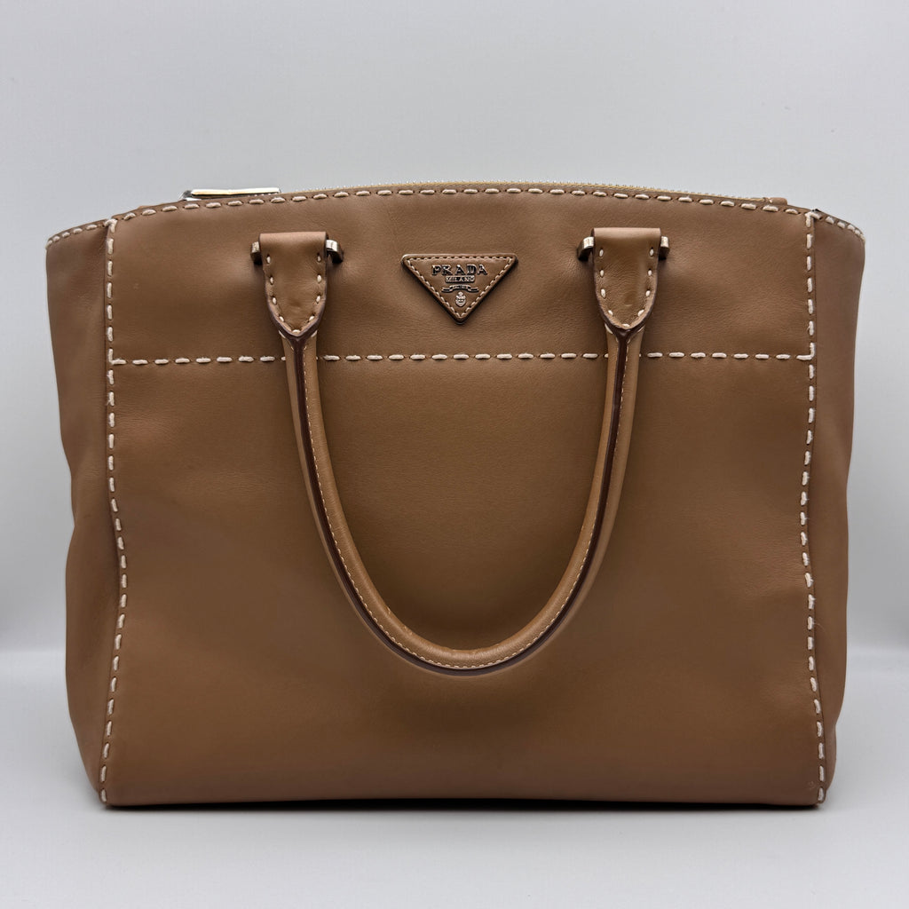 City Calf Small Hand Stitched Galleria Double Zip Tote Caramel NJ