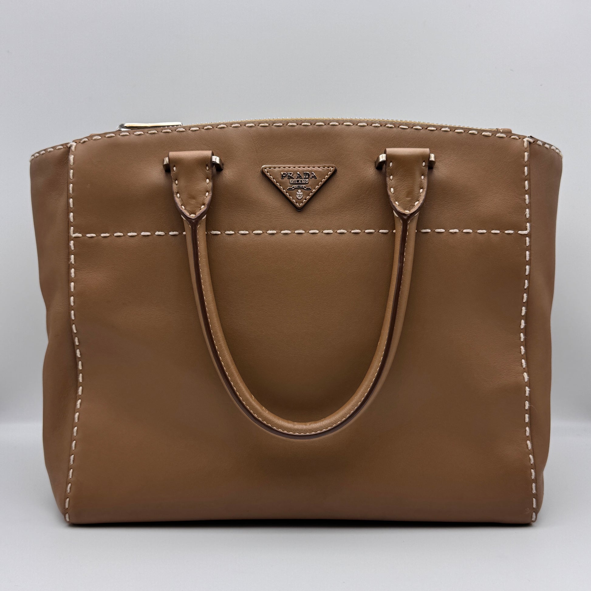 City Calf Small Hand Stitched Galleria Double Zip Tote Caramel NJ