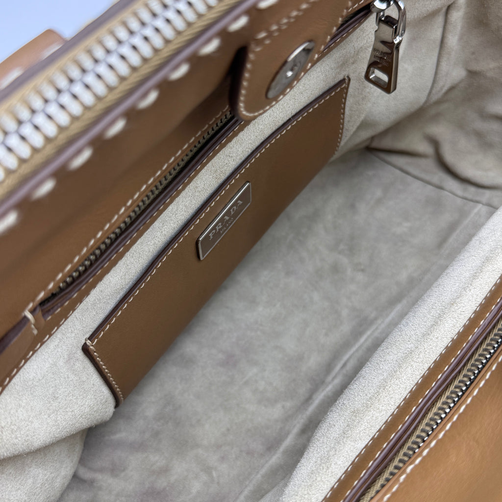 City Calf Small Hand Stitched Galleria Double Zip Tote Caramel NJ