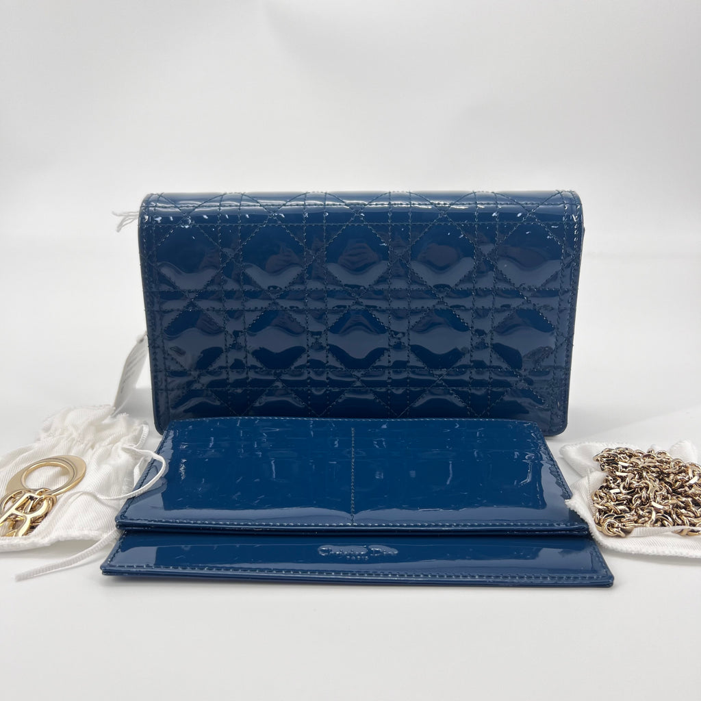 Patent Cannage Nano Lady Dior Chain Card Holder Cloud Blue - twins
