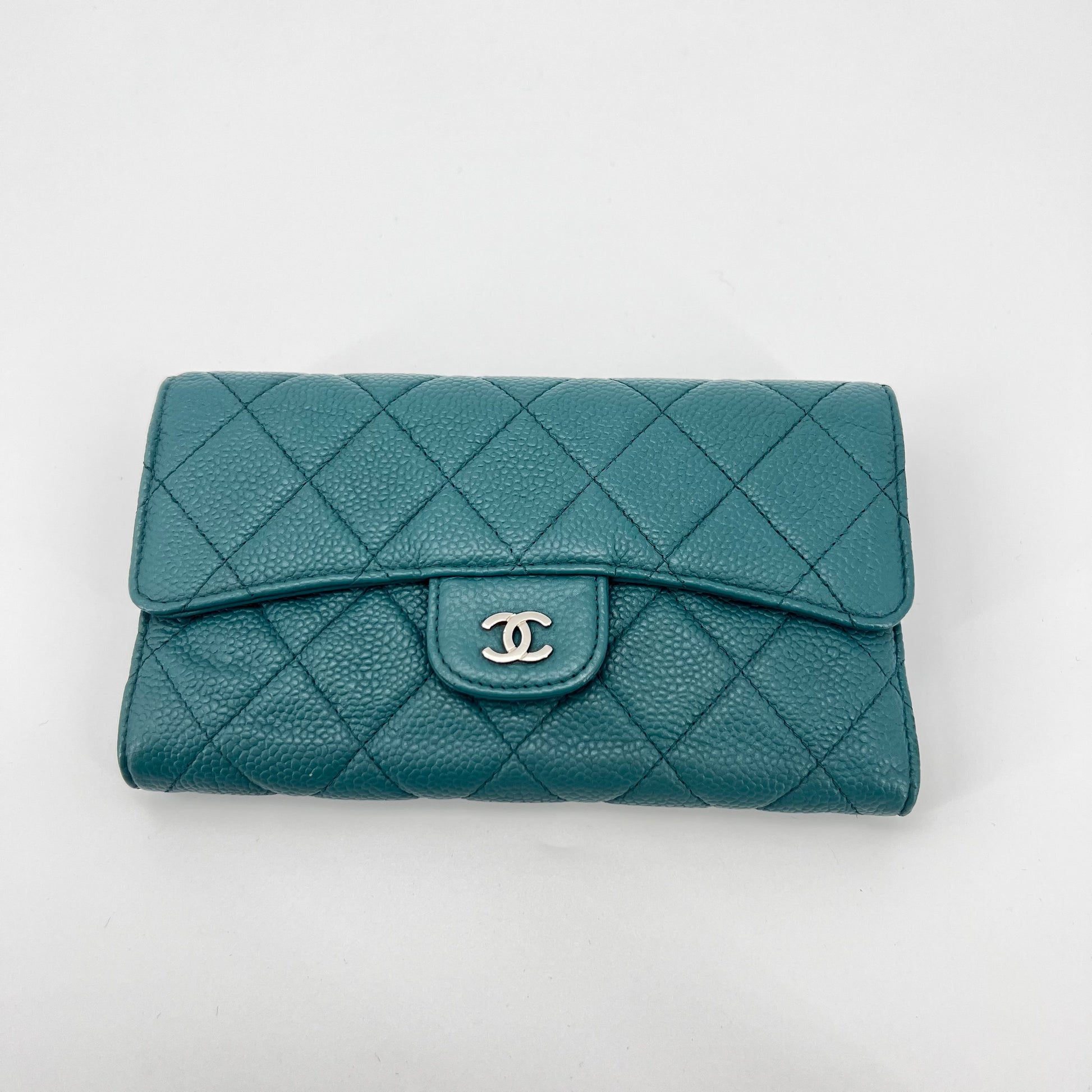 Caviar Quilted Large Gusset Flap Wallet Dark Turquoise twins