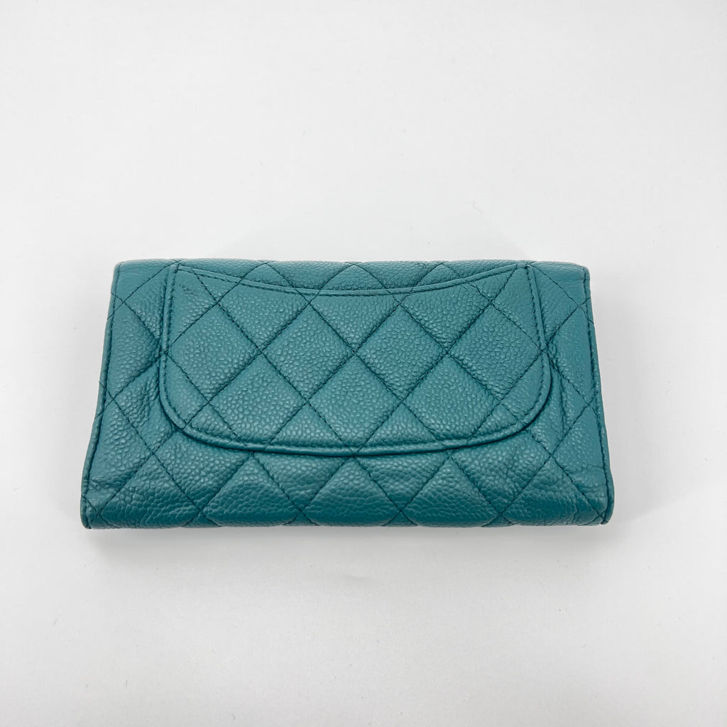 Caviar Quilted Large Gusset Flap Wallet Dark Turquoise twins