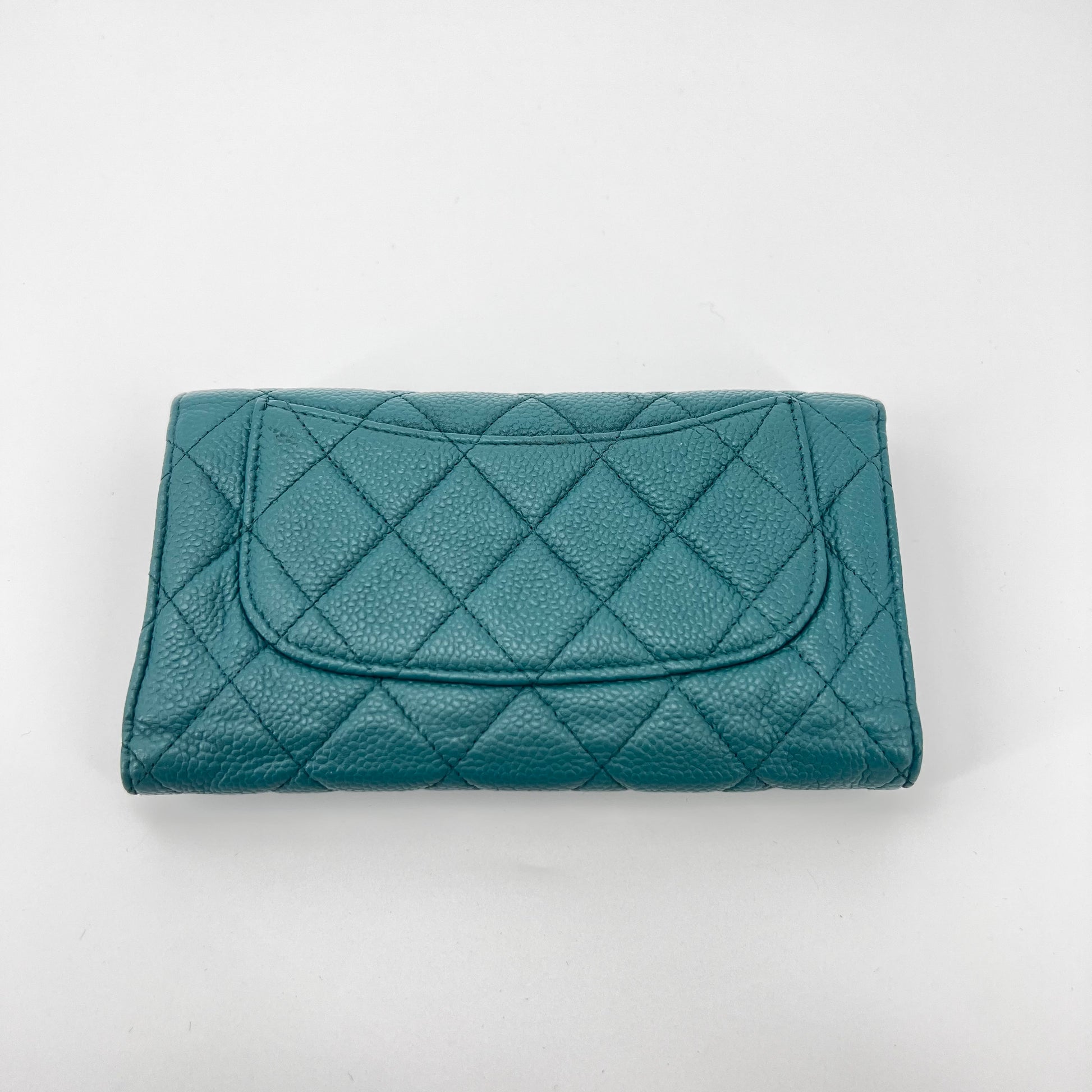 Caviar Quilted Large Gusset Flap Wallet Dark Turquoise twins