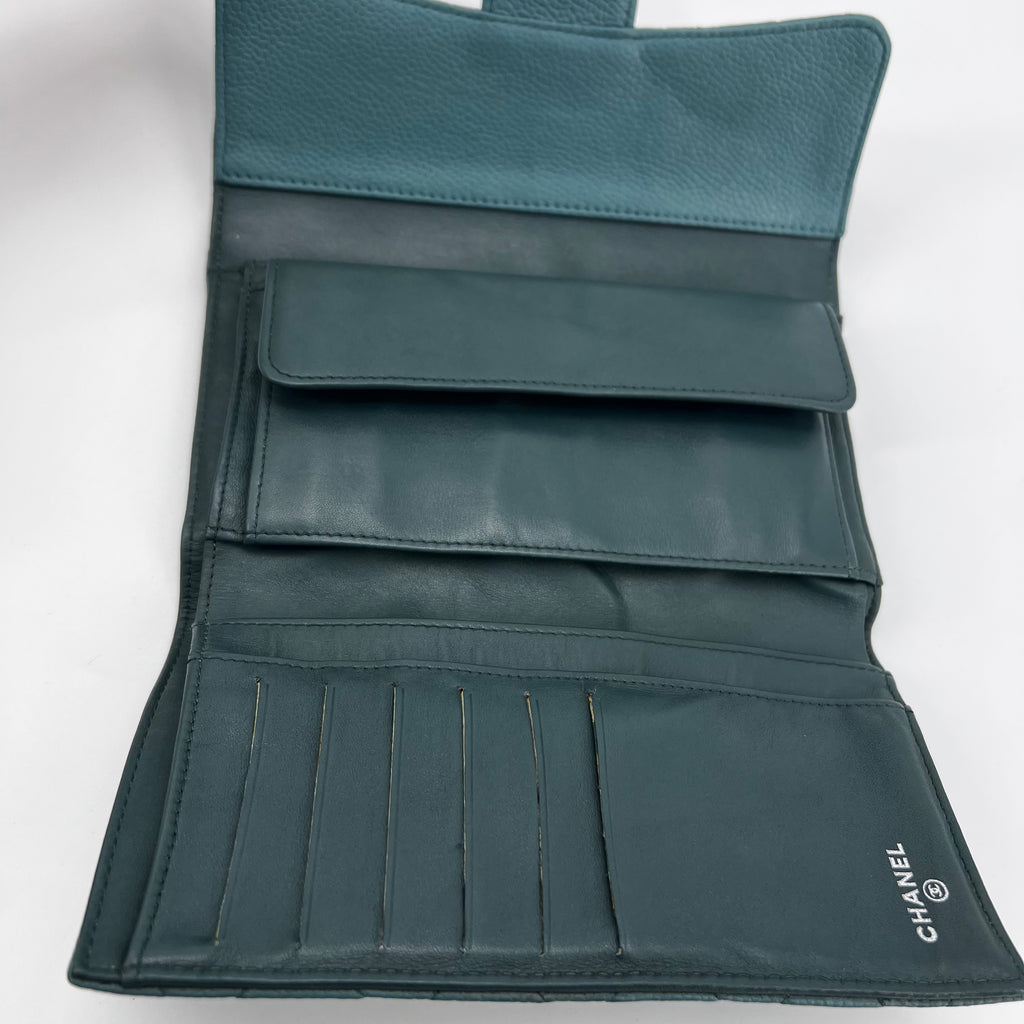 Caviar Quilted Large Gusset Flap Wallet Dark Turquoise twins