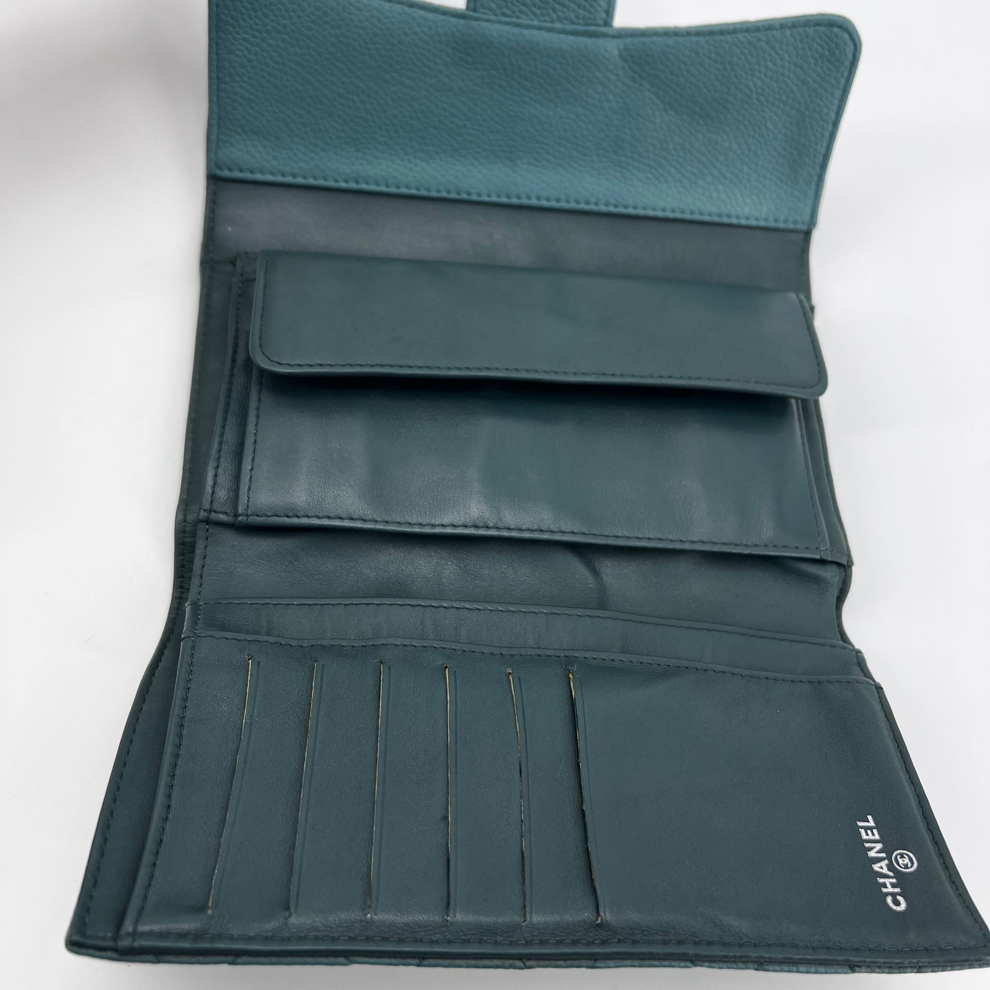 Caviar Quilted Large Gusset Flap Wallet Dark Turquoise twins