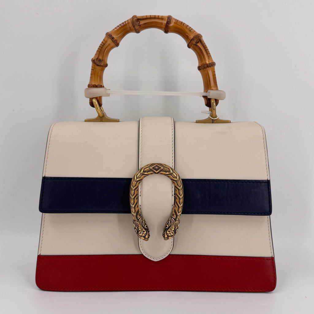 Calfskin Bamboo Web Medium Dionysus Top Handle Bag White Blue Hibiscus Red NJ