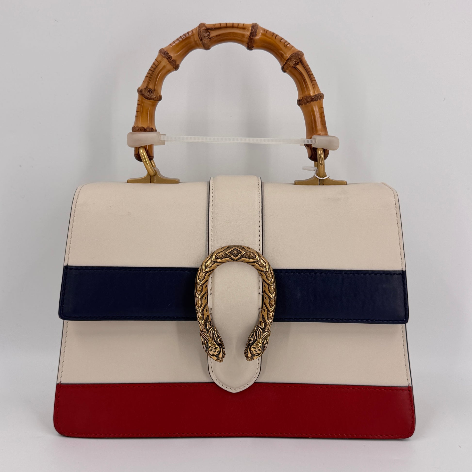 Calfskin Bamboo Web Medium Dionysus Top Handle Bag White Blue Hibiscus Red NJ