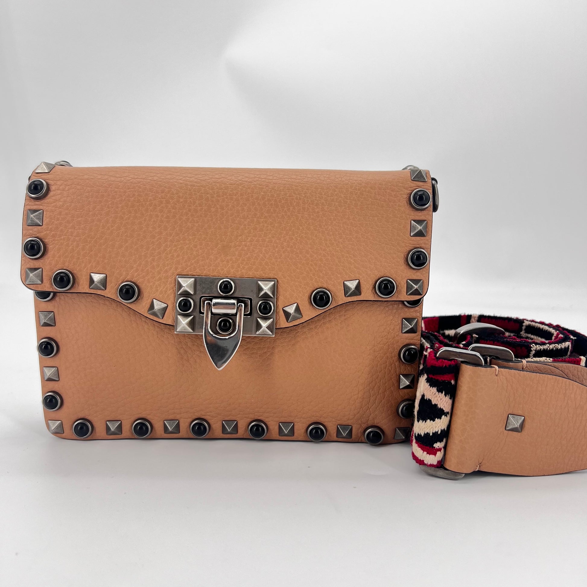 Rolling Rockstud Flip Lock Flap Bag Leather with Cabochons Small Twins