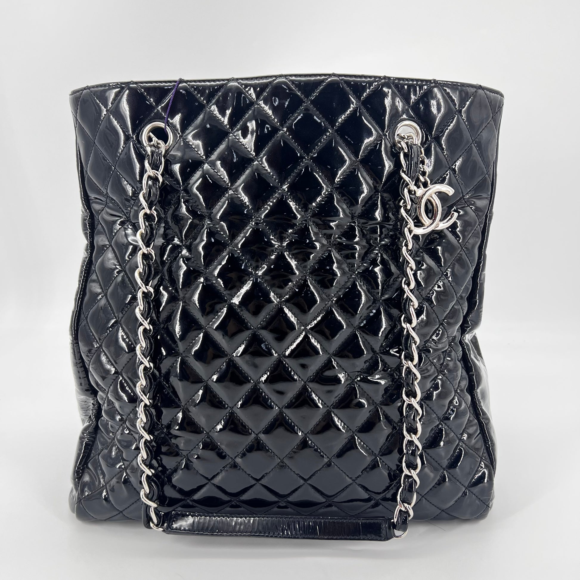 Black Quilted Patent Leather North/South Tote Bag Twins