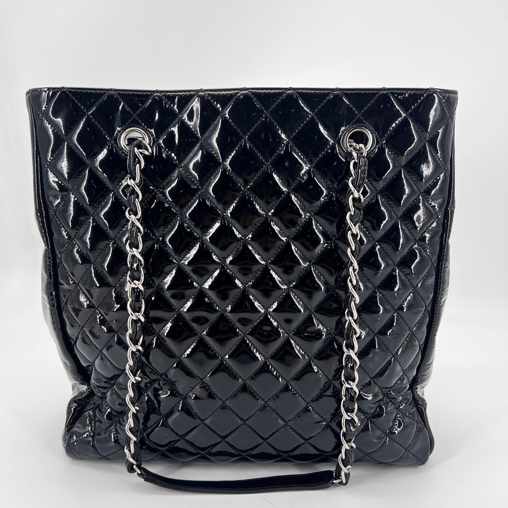 Black Quilted Patent Leather North/South Tote Bag Twins