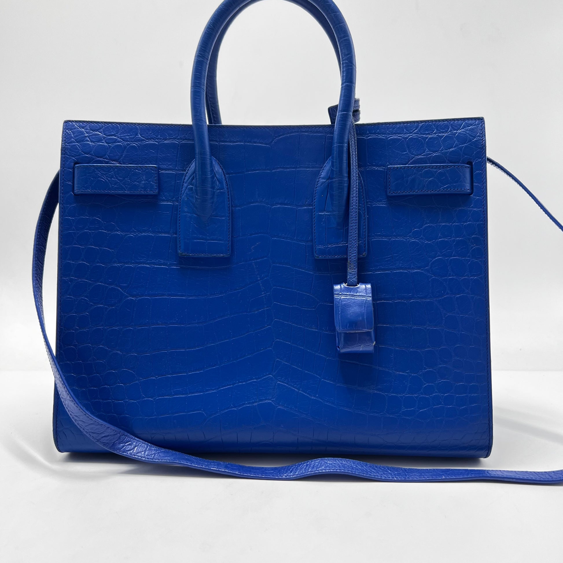 Calfskin Crocodile Embossed Small Sac de Jour Royal Blue - twins