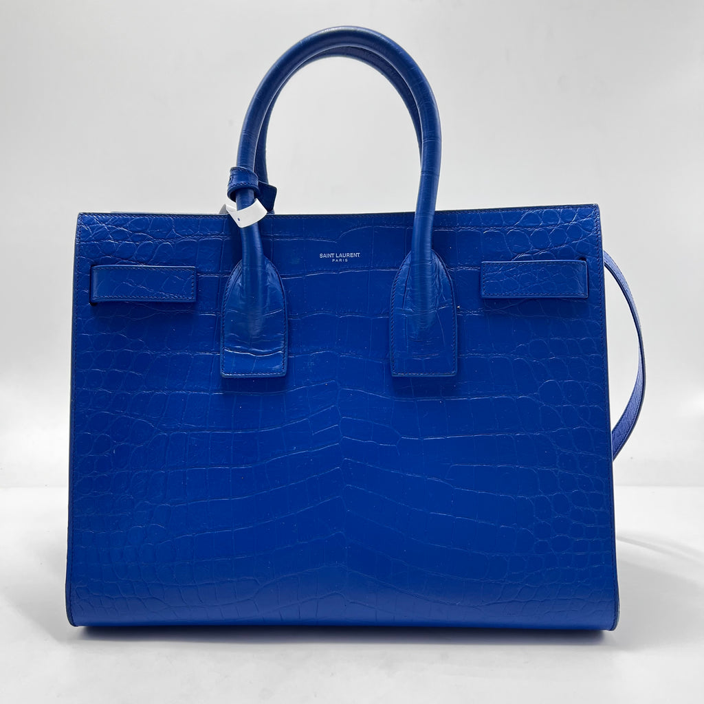 Calfskin Crocodile Embossed Small Sac de Jour Royal Blue - twins