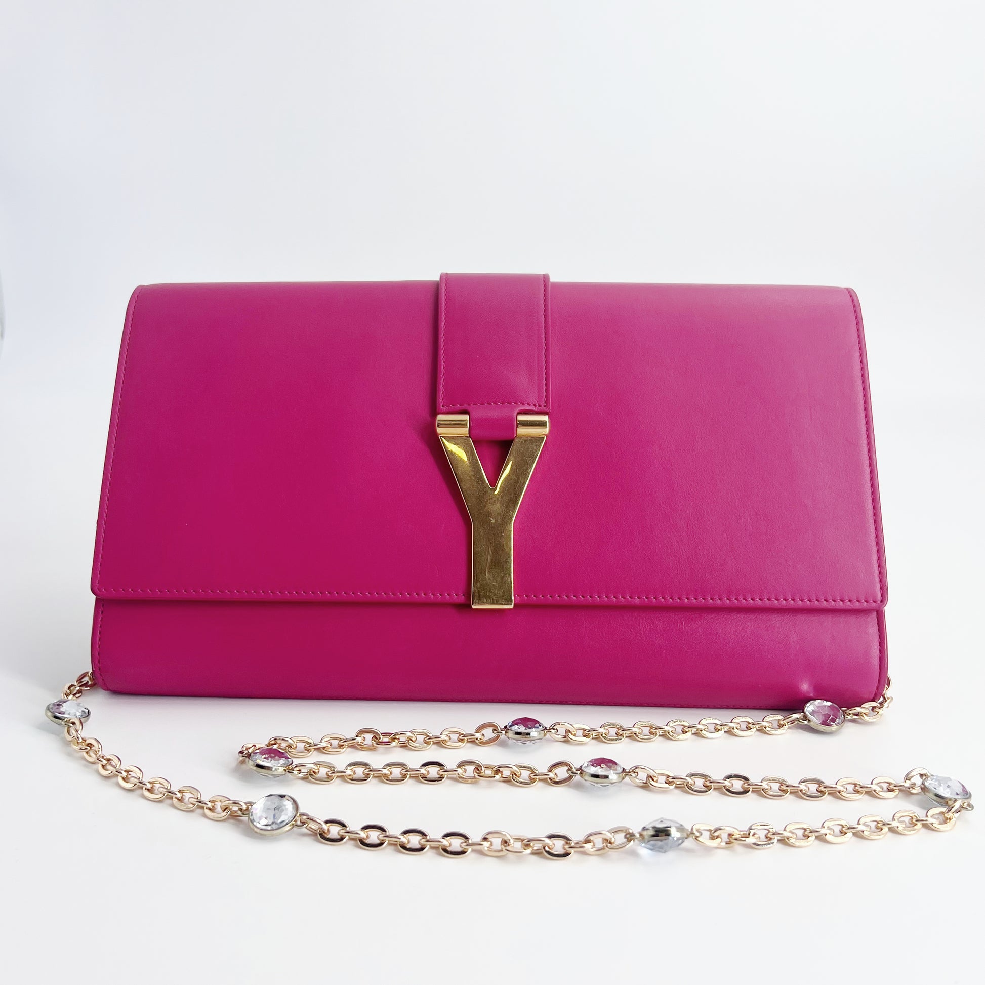 Fuchsia Pink Leather Y-Ligne Clutch Twins