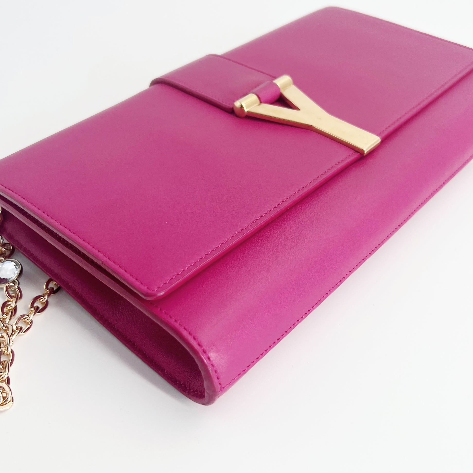 Fuchsia Pink Leather Y-Ligne Clutch Twins